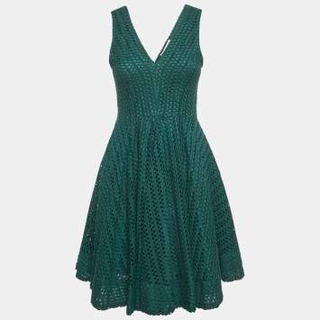 Pre Owned Sandro Green Crochet V-Neck Fit and Flare Mini Dress L