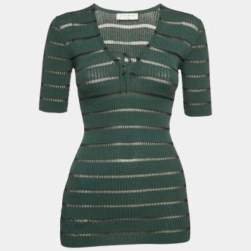 Pre Owned Sandro Green Striped Rib Knit Lace-Up Top S