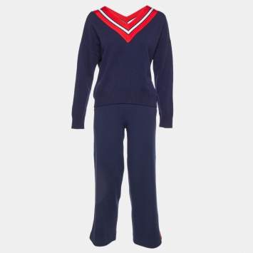 Pre Owned Sandro Navy Blue Wool Knit Stripe Detail Jumper & Trousers Set S