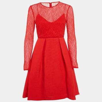Pre Owned Sandro Red Lace and Textured Crepe Pleated Mini Dress XS