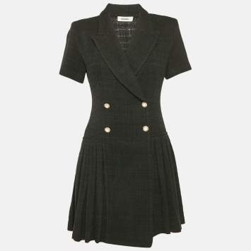 Pre Owned Sandro Black Tweed Pleated Button Front Mini Dress M