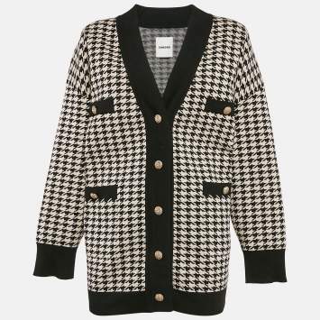 Pre Owned Sandro Black/Off White Houndstooth Knit Cardigan L