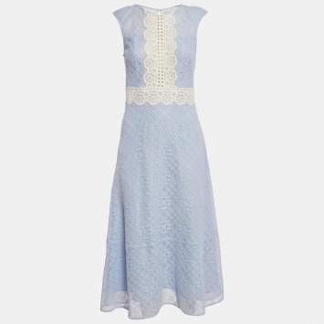 Pre Owned Sandro Blue Corded Lace Semi Sheer Midi Dress M