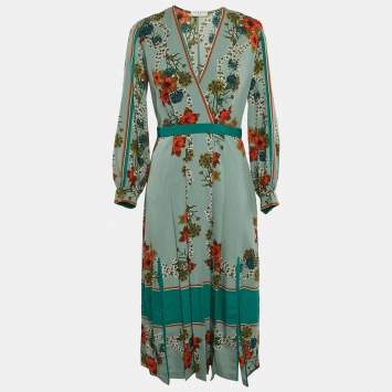 Pre Owned Sandro Green Floral Print Crepe Pleat Detail V-Neck Midi Dress M