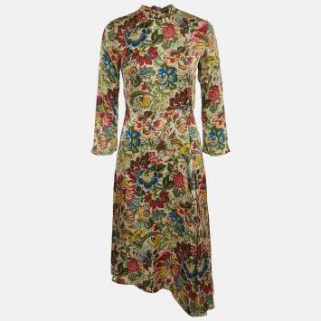Pre Owned Sandro Multicolor Floral Print Sateen Tie-Up Neck Detail Midi Dress S