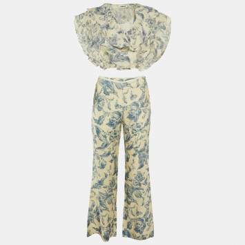 Pre Owned Sandro Cream Floral Print Linen Blend Cropped Top & Pants Set M