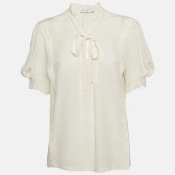 Pre Owned Sandro Off-White Silk Ruffled Tie-Up Neck Detail Blouse L