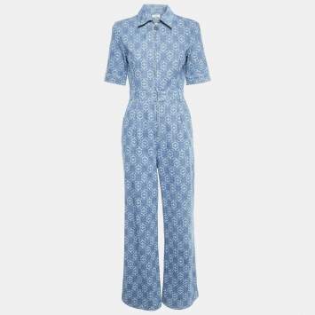 Pre Owned Sandro Blue Monogram Print Denim Jumpsuit S