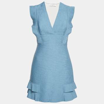 Pre Owned Sandro Blue Textured Pattern Ruffled Sleeveless Mini Dress M