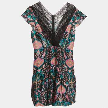 Pre Owned Sandro Multicolor Printed Ruffled Lace Trim Detail Mini Dress L