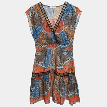 Pre Owned Sandro Blue/Orange Paisley Print Crepe and Lace Trim Mini Dress XS