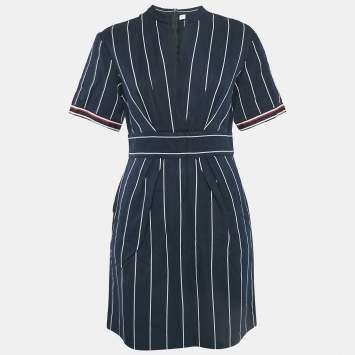 Pre Owned Sandro Blue Striped Cotton Blend Mini Dress L