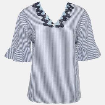 Pre Owned Sandro Blue Striped Cotton Neck Detail Blouse S