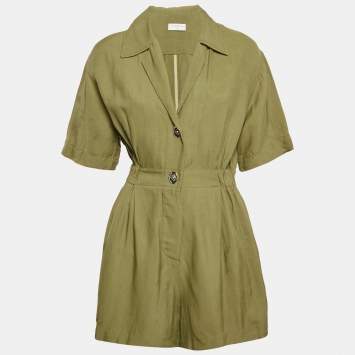 Pre Owned Sandro Khaki Green Linen Blend Turnlock Button Playsuit S