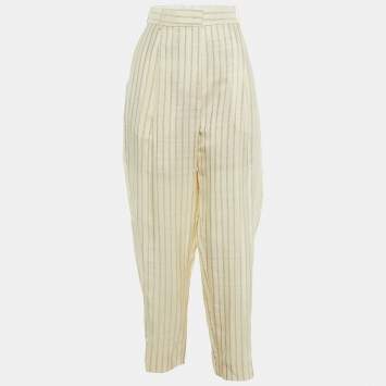 Pre Owned Sandro Ecru Striped Canvas Straight Leg Pants L