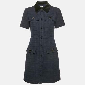 Pre Owned Sandro Navy Blue Tweed Faux Pocket Detail Mini Dress S
