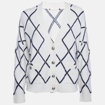 Pre Owned Sandro White Diamond Knit Metal Embellished Cardigan M 