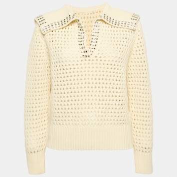 Pre Owned Sandro Cream Rhinestone Embellished Crochet Sweatshirt XS 