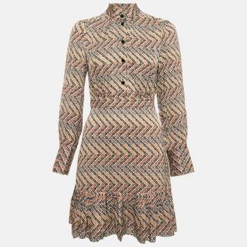 Pre Owned Sandro Multicolor Logo Print Satin Flounce Mini Dress XS
