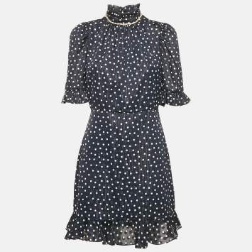 Sandro Navy Blue Polka Dot Print Lurex Crepe Neck Embellish Detail Mini Dress M