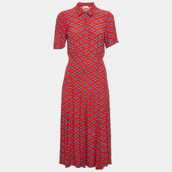 Sandro Red Printed Crepe Pleated Midi Dress S