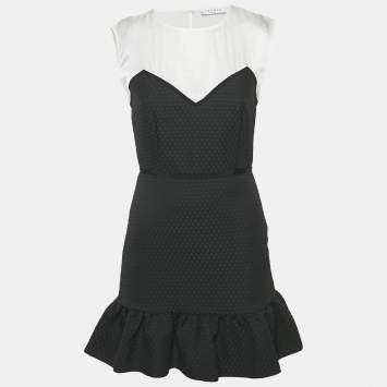 Sandro Black Satin/Jacquard Flounce Mini Dress S