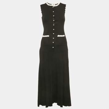 Sandro Black Crochet Trim Pleated Knit Long Dress S