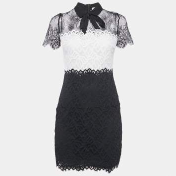 Pre Owned Sandro Black/White Patterned Lace Mini Dress M