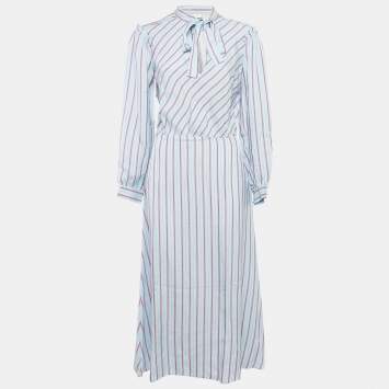 Pre Owned Sandro Blue Striped Sateen Tame Midi Dress M
