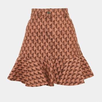Sandro Salmon Pink Monogram Detail Denim Ruffled Hem Mini Skirt S