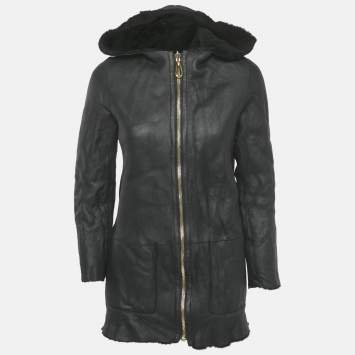 Pre Owned Sandro Black Shearling & Leather Reversible Hooded Jacket S