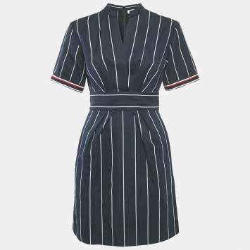 Sandro Navy Blue Striped Cotton & Linen Pleated Detail Mini Dress S