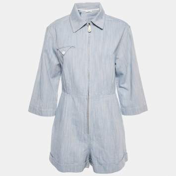 Pre Owned Sandro Blue Cotton Gabardine Zip-Up Alma Playsuit M