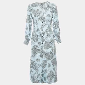 Sandro Blue Printed Sateen V-Neck Midi Dress M