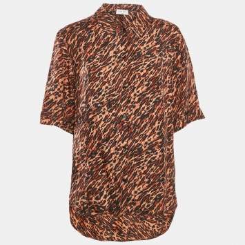 Sandro Brown Leopard Print Silk Short Sleeve Shirt L