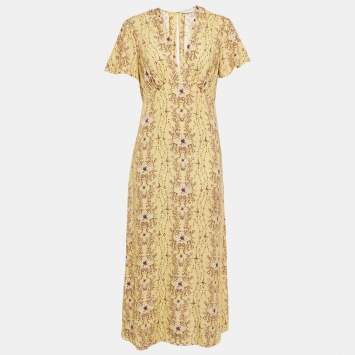 Sandro Yellow Floral Print Crepe V-Neck Midi Dress S   