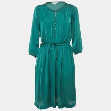 Pre Owned Sandro Green Satin Waist Braided Tie-Up Detail Dress S