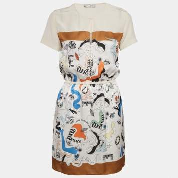 Pre Owned Sandro White Printed Crepe and Silk Trim Mini Dress S