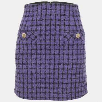 Pre Owned Sandro Purple Checkered Tweed Mini Skirt XS