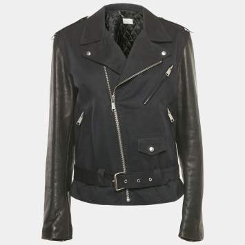 Pre Owned Sandro Navy Blue Cotton Leather Sleeved Biker Jacket L  