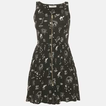Pre Owned Sandro Black Printed Silk Mini Dress S