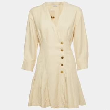 Pre Owned Sandro Cream Linen Blend Pleated Mini Dress XS