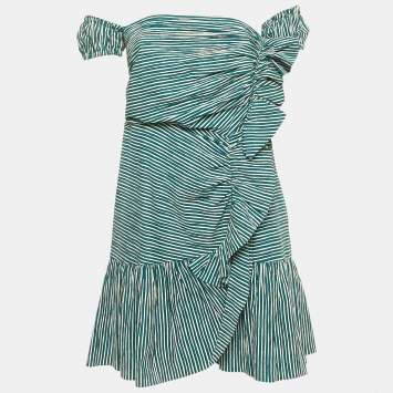 Pre Owned Sandro Teal Blue Striped Crepe Ruffled Mini Dress S