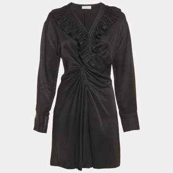 Pre Owned Sandro Black Gabardine Ruffle Trim Mini Dress S