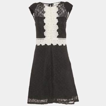Pre Owned Sandro Black & White Paneled Guipure Lace Mini Dress M