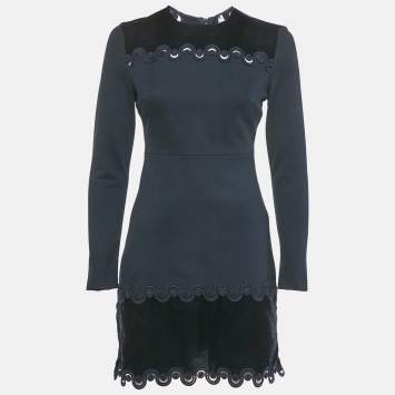Pre Owned Sandro Navy Blue Jersey Lace and Velvet Detail Mini Dress S