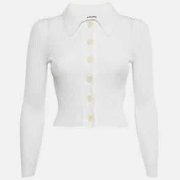 Pre Owned Sandro White Rib Knit Button Front Fitted Top XS