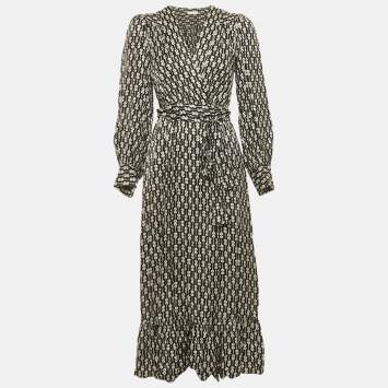 Pre Owned Sandro Black Floral Print Viscose Warp Around Midi Dress XS