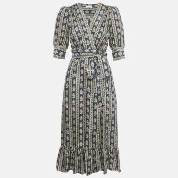 Pre Owned Sandro Navy Blue Printed Silk Wrap Around Midi Dress XS