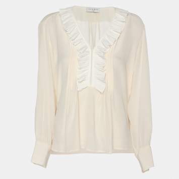 Pre Owned Sandro Light Beige Crepe Ruffle Trip Long Sleeve Shirt S